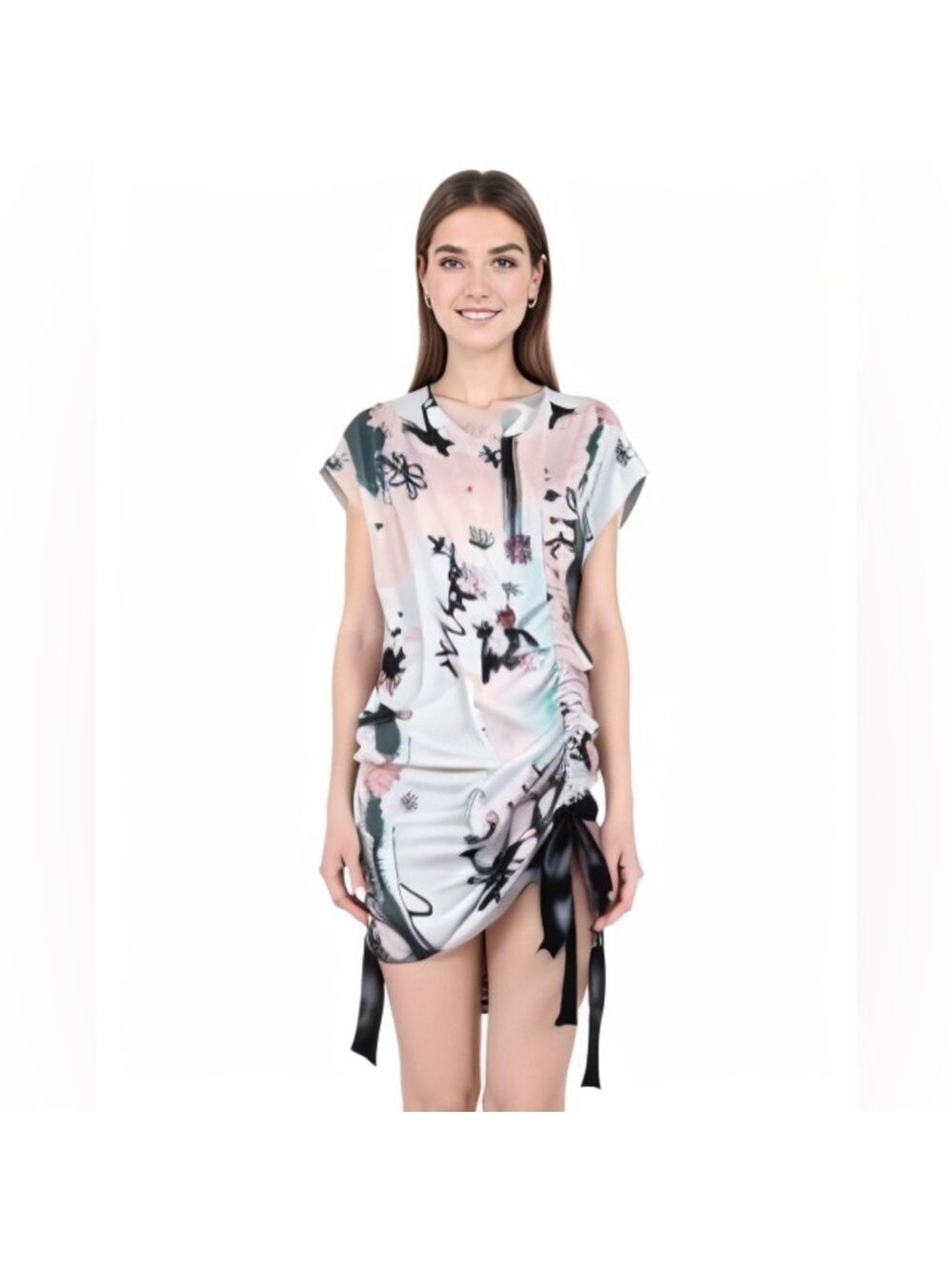 ASOS Abstract Side Ruched Ribbon Tie Dress - Picture 2 of 16